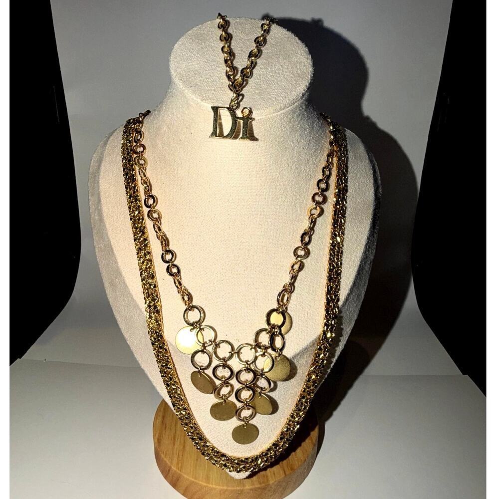 Gold Tone- Lia Sophia Chunk Chain + Triangle drop necklace + dangle earrings